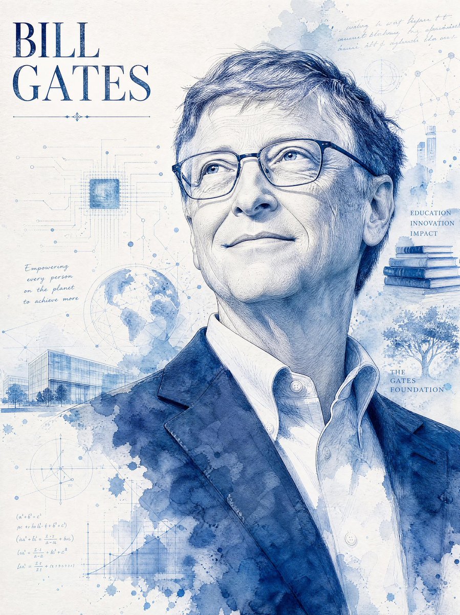 一幅高度精细的单色蓝色水彩与墨水结合的Bill Gates(比尔·盖茨)肖像插画,居中呈现在一张竖版海报构图中。作品呈现为一幅写实而庄重的头肩…, 图片 2