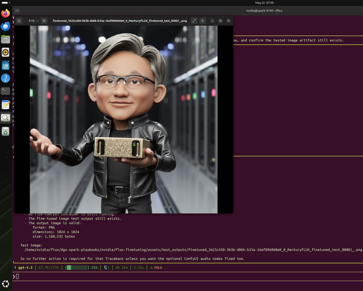 /目标 按照 NVIDIA 教程在本地对 FLUX 模型进行微调,自主排查问题,自动恢复长时间运行的任务,并通过生成图像来验证最终模型。, 图片 1