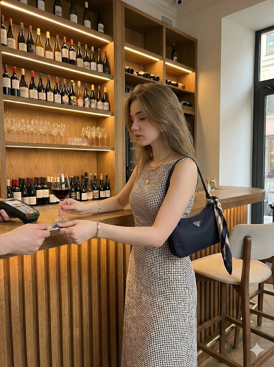 一位美丽的年轻女性,留着长波浪卷发,身着时髦的黑白波点无袖中长连衣裙,坐在一家高档酒吧的吧台前,一只手轻轻靠在唇边,摆出若有所思的姿态。她身后…, 图片 2