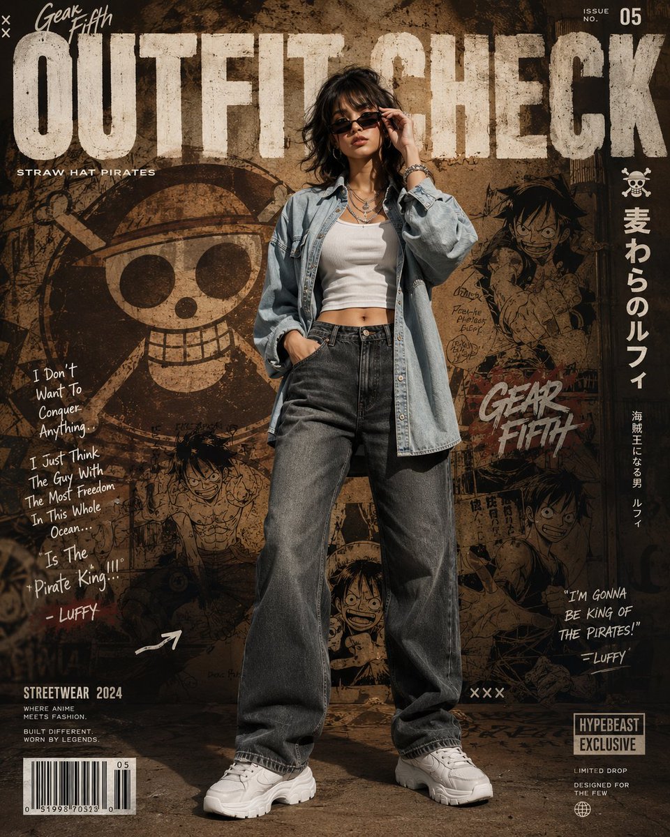一部充满电影感的动漫灵感街头服饰编辑海报,以一位时尚年轻女性作为高端时尚广告的主角。, 图片 1