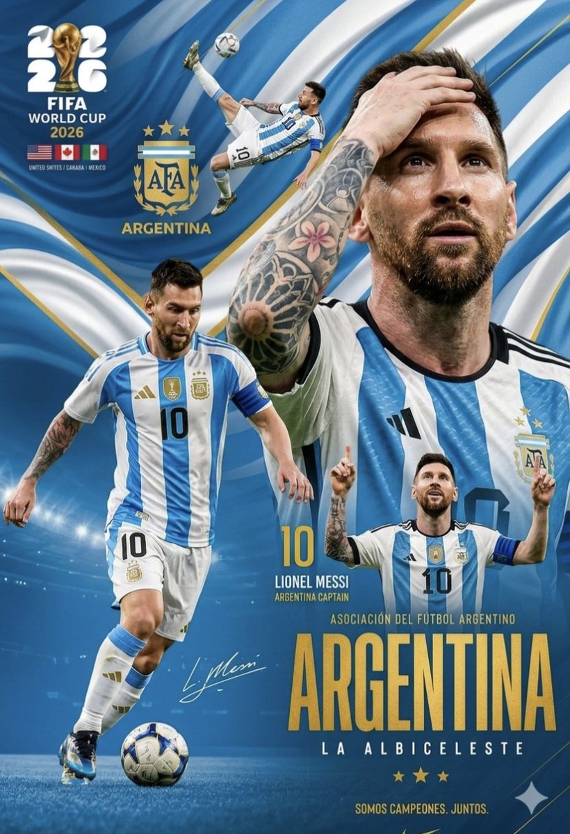 一张充满活力与动感的体育主题图形海报,向莱昂内尔·梅西(Lionel Messi)与阿根廷国家足球队致敬。背景采用流动且风格化的阿根廷国旗图案…, 图片 1