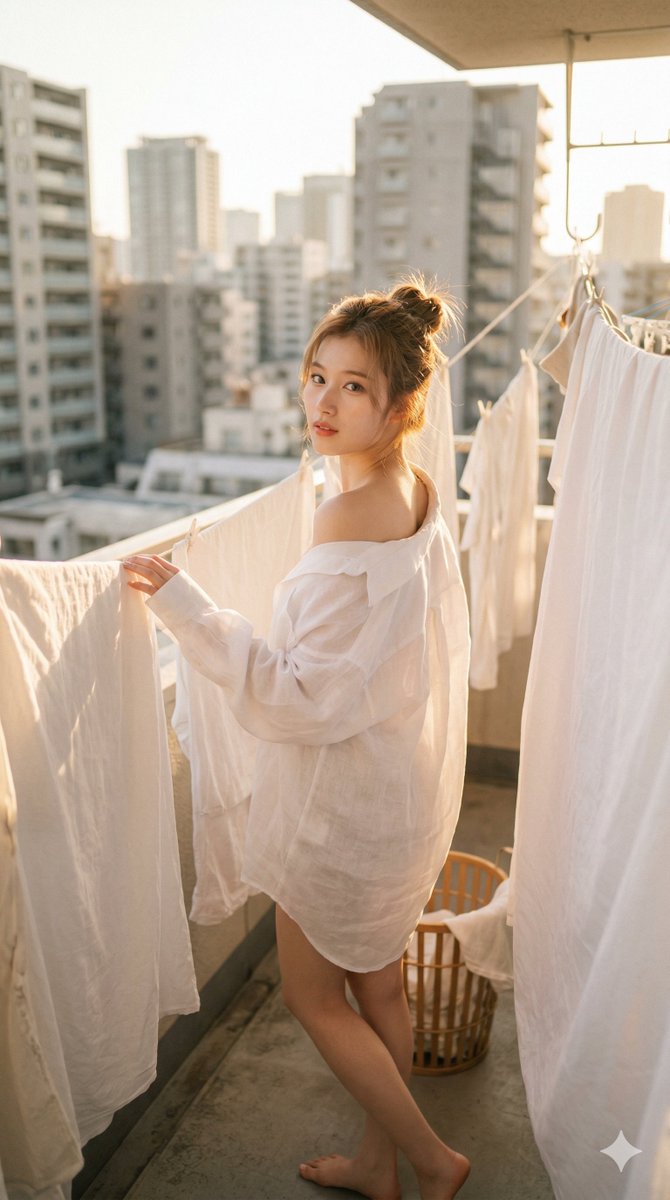 K-pop偶像摆姿势站在阳光明媚的公寓阳台上,周围晾衣绳上挂满了白色床单。身穿宽大的半透明白色亚麻纽扣衬衫,敞开披着,从一侧肩膀滑落。柔软的棕…, 图片 1