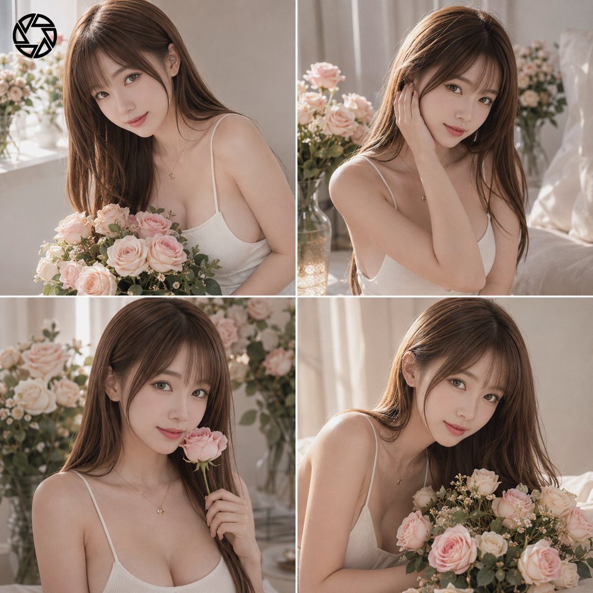 高端四图时尚编辑拼贴，以精致的杂志版面布局呈现。参考女性被腮红粉色玫瑰环绕，置于光线柔和的影棚中，采用自然窗光照明。每一个分格都捕捉不同的姿态…, 图片 1