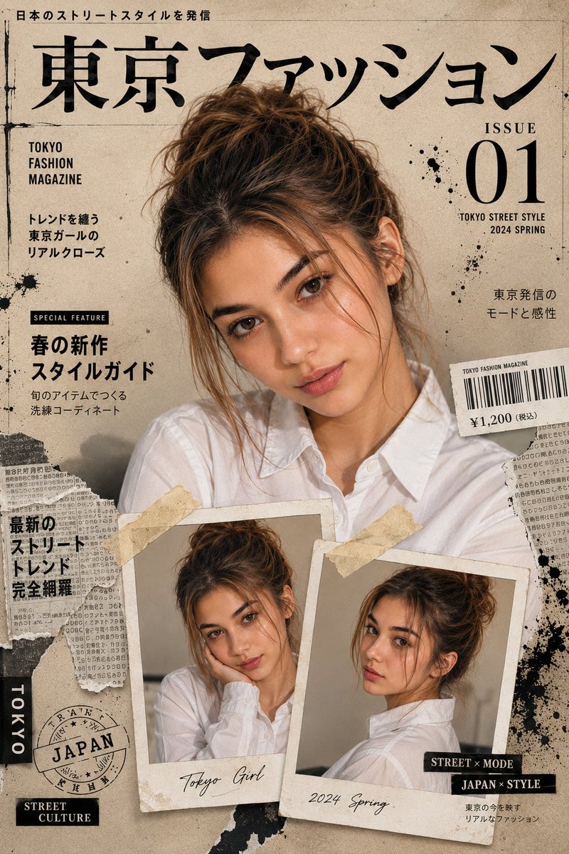 创建 8K 超电影级高端日系时尚封面，使用参考图像作为精确身份。顶部大幅电影级肖像，底部两张用胶带固定的宝丽来肖像，所有图像中保持一致的脸部。…, 图片 1