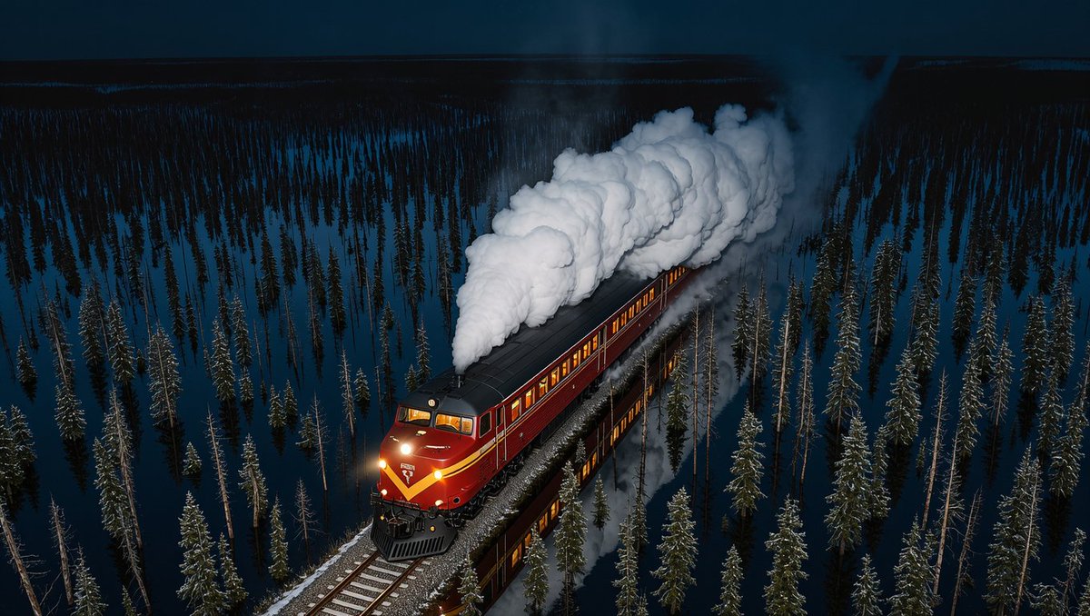 编辑所附的航拍夜景图片：一列红色西伯利亚大铁路（Trans-Siberian）机车正穿过白雪覆盖的西伯利亚针叶林（taiga）。, 图片 2