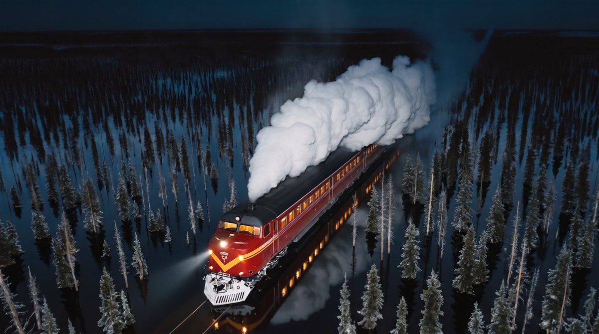 编辑所附的航拍夜景图片：一列红色西伯利亚大铁路（Trans-Siberian）机车正穿过白雪覆盖的西伯利亚针叶林（taiga）。, 图片 3