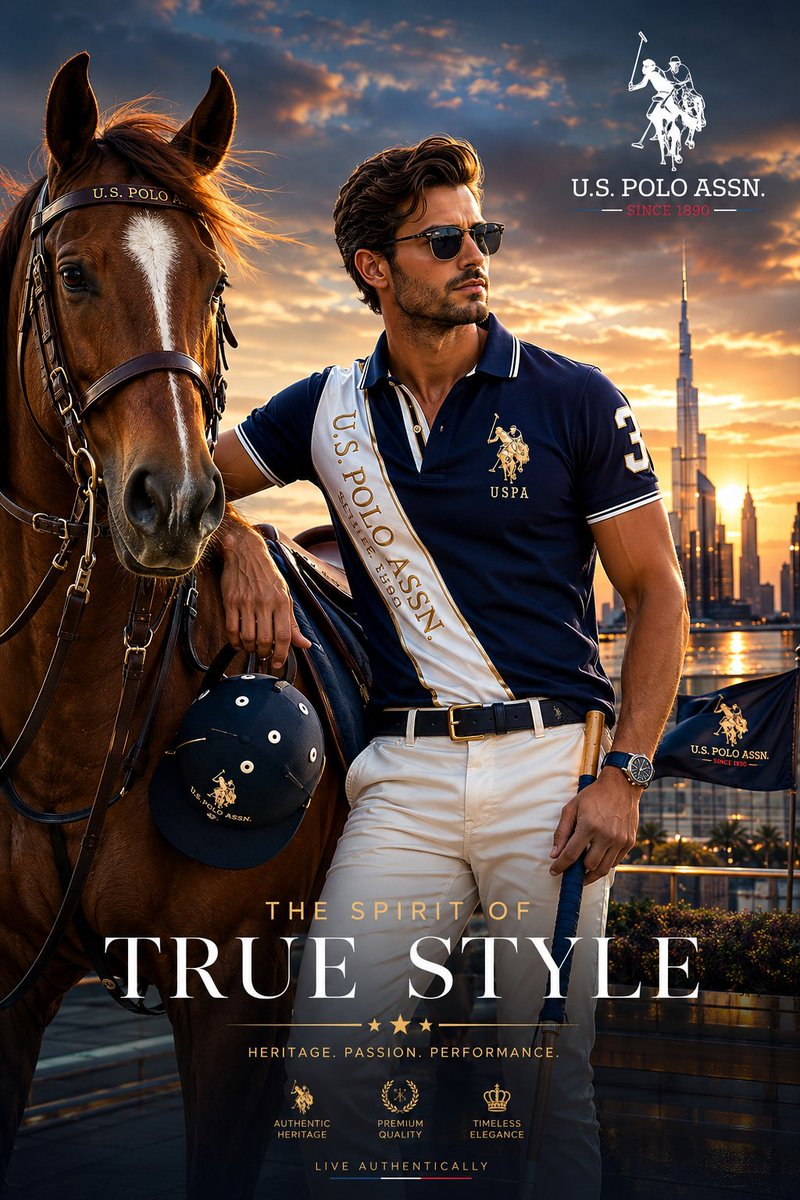 为U.S. Polo Assn.创作一张高级奢侈时尚活动海报：日落时分，一位自信成熟的男模特站在一匹雄健马球旁，身处专属屋顶露台，俯瞰现代城市…, 图片 1