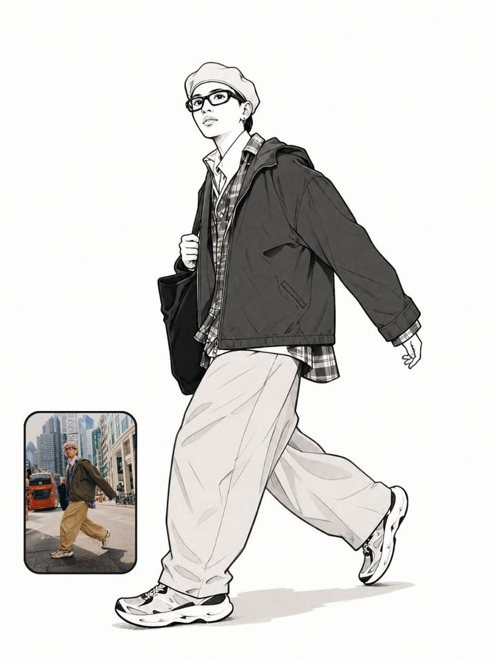 将上传的参考照片转换为干净的黑白漫画风格线稿插画,同时保留原始图像中完全相同的姿势、构图、服装、配饰、面部表情和透视。创作一幅全身人物画,具备…, 图片 1