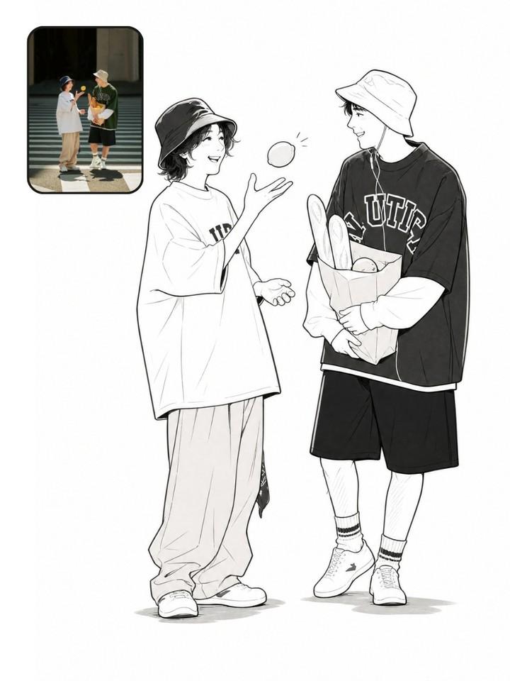 将上传的参考照片转换为干净的黑白漫画风格线稿插画,同时保留原始图像中完全相同的姿势、构图、服装、配饰、面部表情和透视。创作一幅全身人物画,具备…, 图片 3