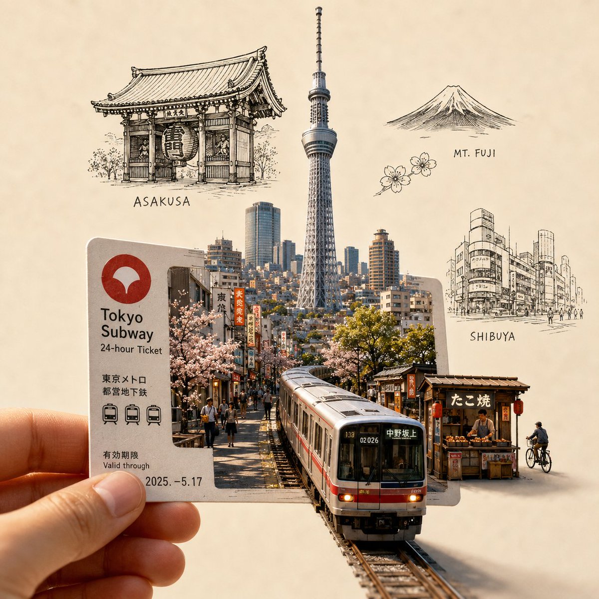 创作一幅高度精细、高端的旅行艺术插画，画面前景中有一只手握着一张[城市专属车票/通行证]。这张车票是通往[城市名称]的入口，一个写实的微缩城市…, 图片 1