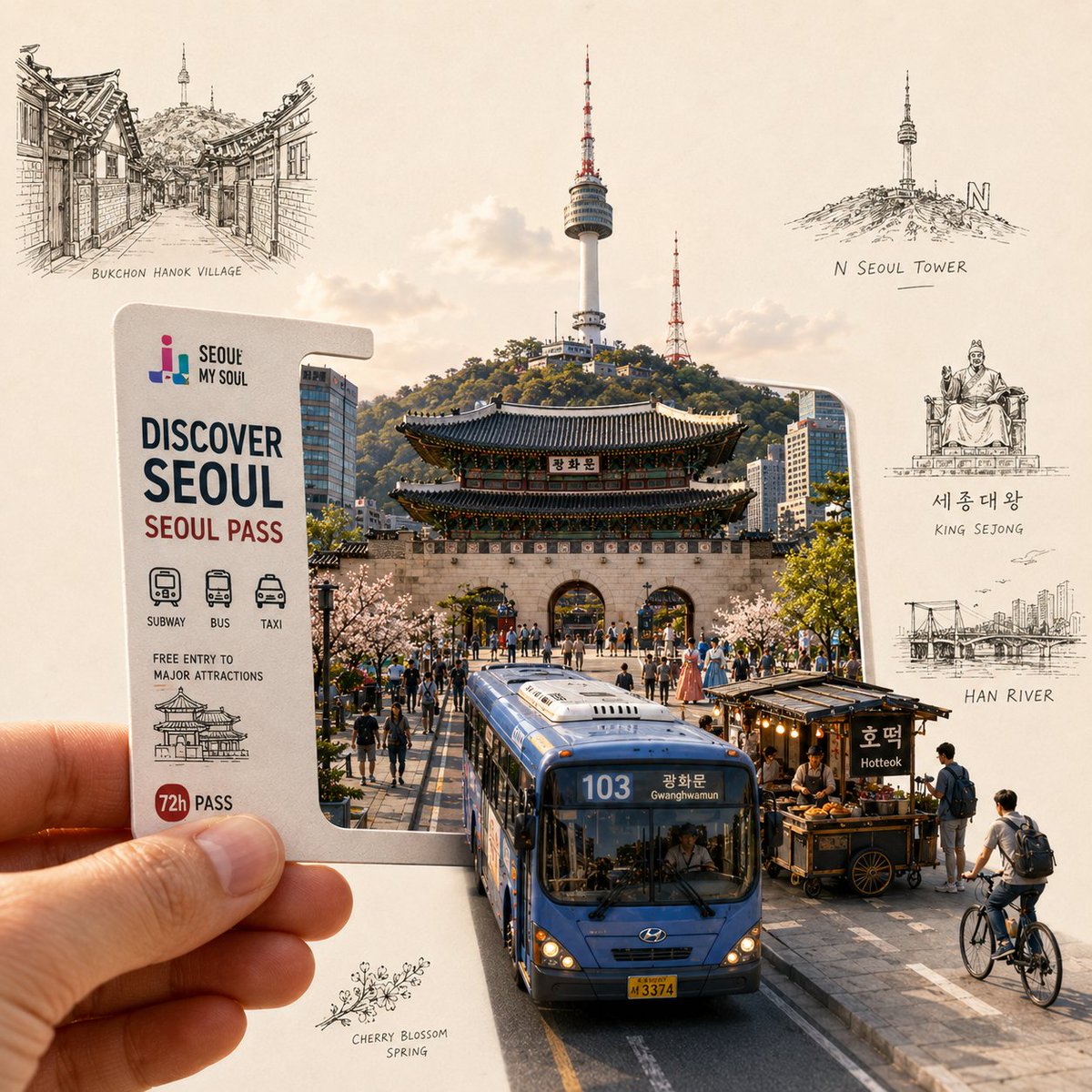 创作一幅高度精细、高端的旅行艺术插画，画面前景中有一只手握着一张[城市专属车票/通行证]。这张车票是通往[城市名称]的入口，一个写实的微缩城市…, 图片 3