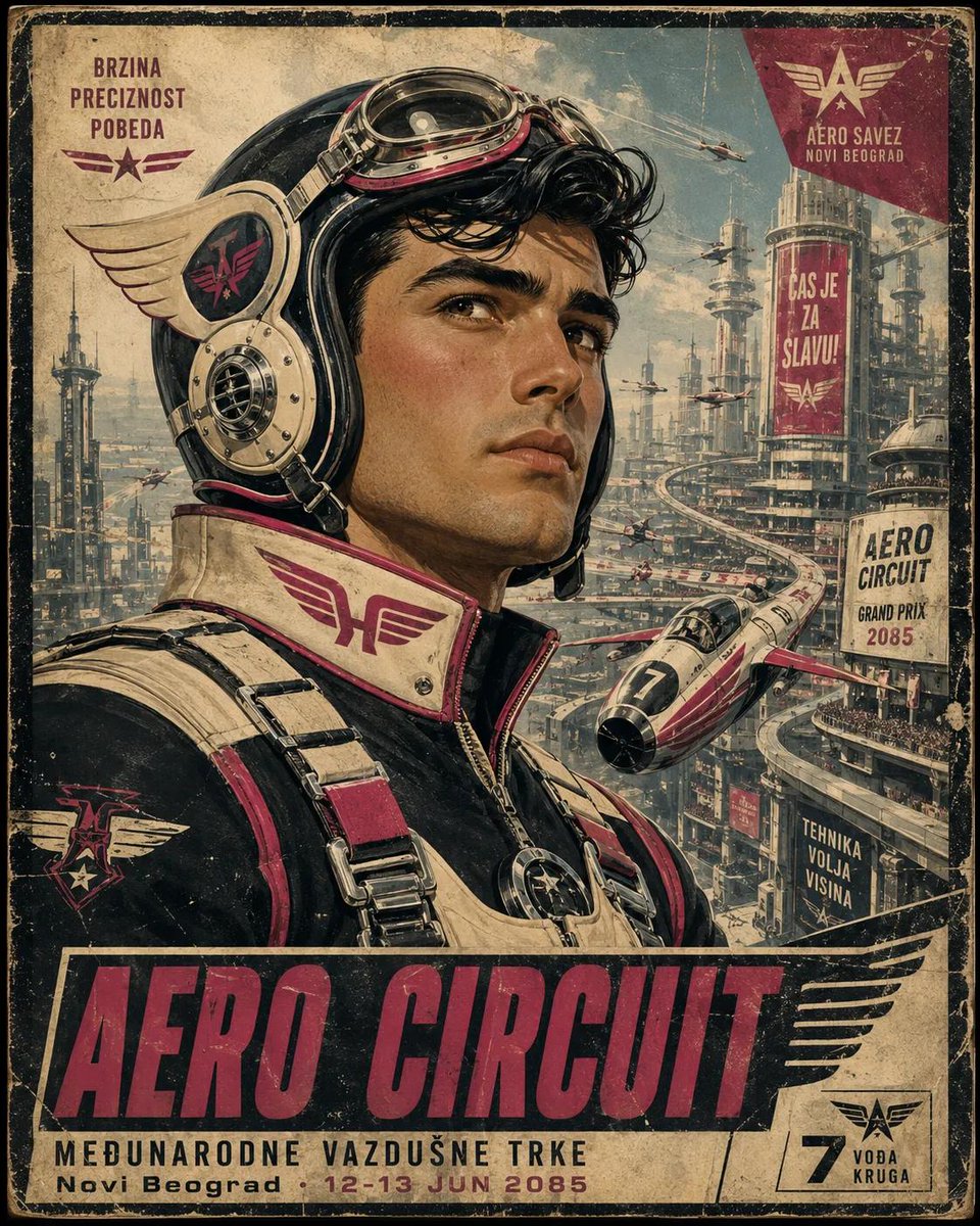 复古未来主义宣传旅行海报,英雄主义航空探险家肖像,腰部以上构图,复古飞行员头盔配以铬制护目镜与翼形耳罩,精致皮革束带,饱经风霜的飞行制服上绣有…, 图片 2