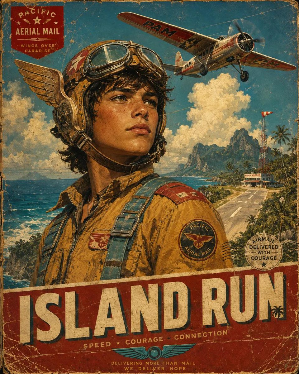 复古未来主义宣传旅行海报,英雄主义航空探险家肖像,腰部以上构图,复古飞行员头盔配以铬制护目镜与翼形耳罩,精致皮革束带,饱经风霜的飞行制服上绣有…, 图片 4