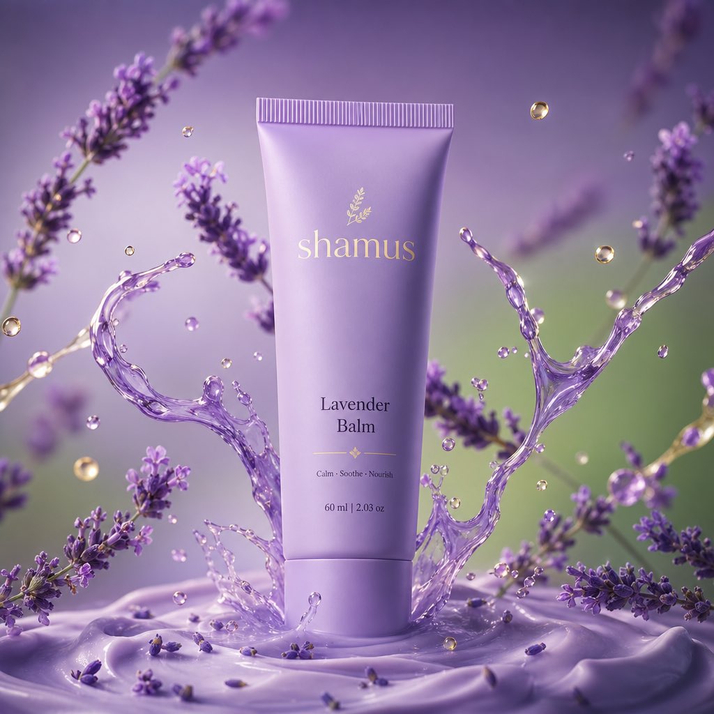 一支印有“M 薰衣草 balm”标签的高级哑光薰衣草色管状物直立在奶紫色表面，薰衣草花朵呈动态模糊状态环绕旋转，薰衣草油滴飞溅在空中。简约柔和…, 图片 1