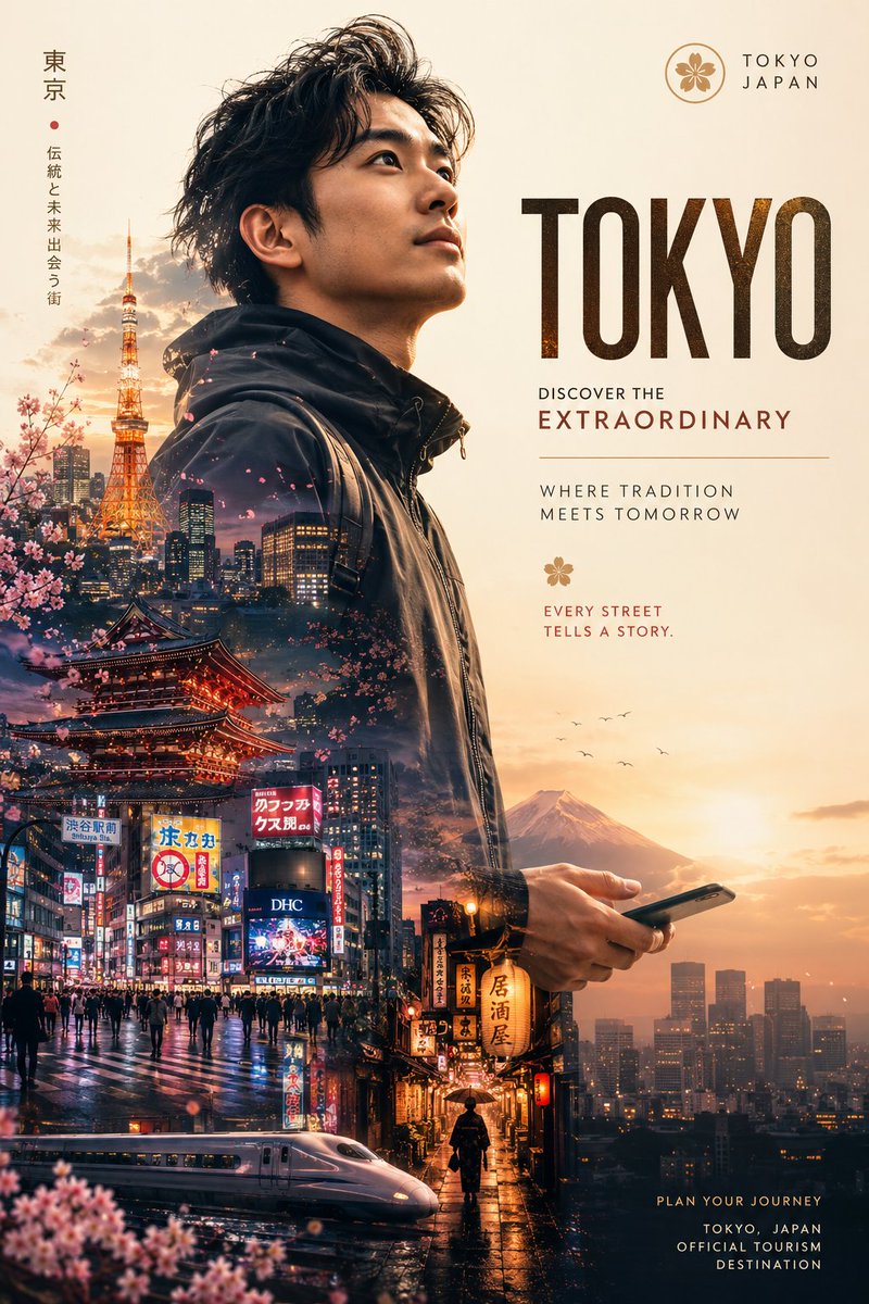 创建图片 超高端目的地营销海报,呈现一位时尚现代的旅行者,采用优雅的双重曝光编辑风格。一幅高度精细的电影感肖像:一位自信的年轻旅行者站在精致的…, 图片 1