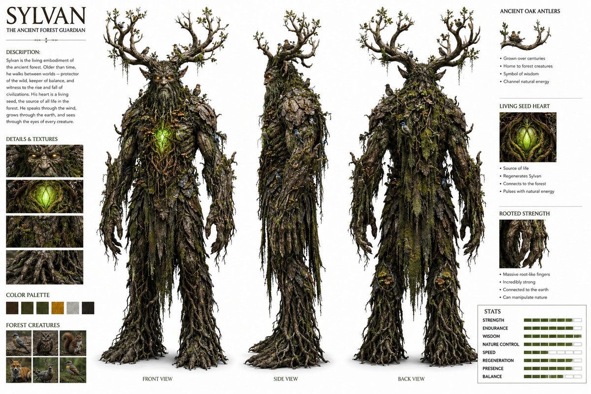 - 一份高度详细、写实的角色设计图，主题为"SYLVAN"（森林守护神）——一位鲜活的远古森林守护精灵。正面、侧面、背面三视图。高大威压的身形…, 图片 1