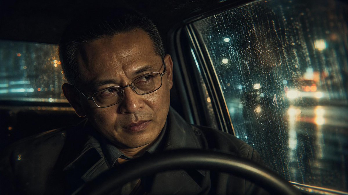 雨夜,一名侦探坐在光线昏暗的复古汽车内,透过侧窗向外望去的电影级静态剧照。构图:透过前景的方向盘取景,紧凑构图,营造出亲密与孤独感。光学效果:…, 图片 1