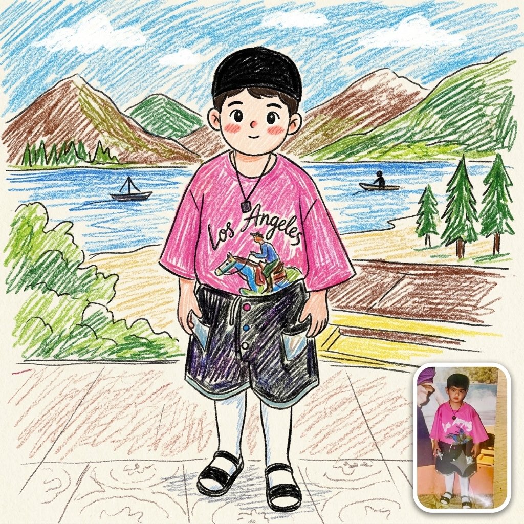 将上传的照片转换为一幅可爱的童趣蜡笔画,同时保留原始的姿态、构图、服装、表情和背景。使用彩色蜡笔和彩色铅笔的纹理、凌乱的涂鸦、颤抖的线条以及在…, 图片 1