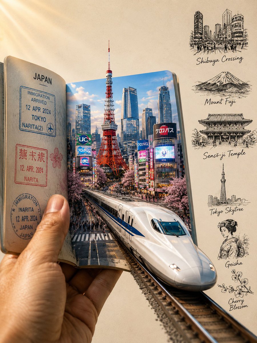 超写实、电影感的日本旅行主题概念艺术作品,纵向 3:4 画幅。一只手握着一本翻开的护照,护照化身为通往东京的魔法之门。护照左页呈现逼真的入境印…, 图片 1