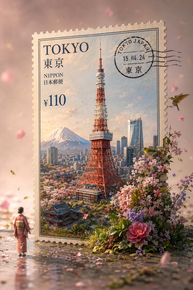 一张超写实微距摄影作品：一张来自[COUNTRY]的巨型独立立式复古邮票，放置在无缝、柔和、色彩协调的淡粉色工作室背景前。邮票上印有来自[CO…, 图片 1
