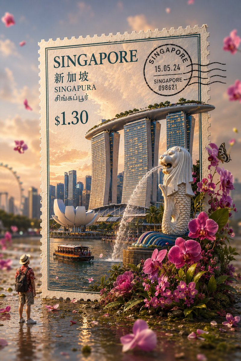一张超写实微距摄影作品：一张来自[COUNTRY]的巨型独立立式复古邮票，放置在无缝、柔和、色彩协调的淡粉色工作室背景前。邮票上印有来自[CO…, 图片 2