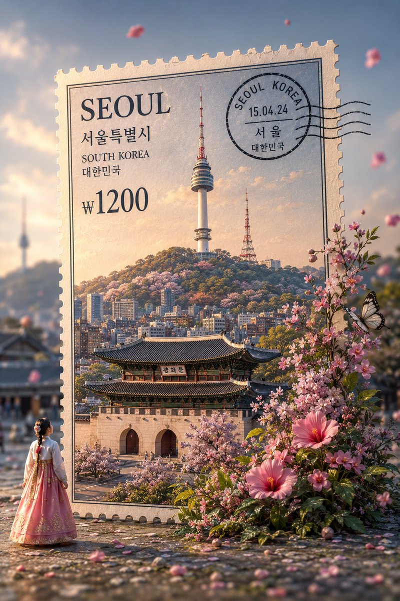 一张超写实微距摄影作品：一张来自[COUNTRY]的巨型独立立式复古邮票，放置在无缝、柔和、色彩协调的淡粉色工作室背景前。邮票上印有来自[CO…, 图片 3