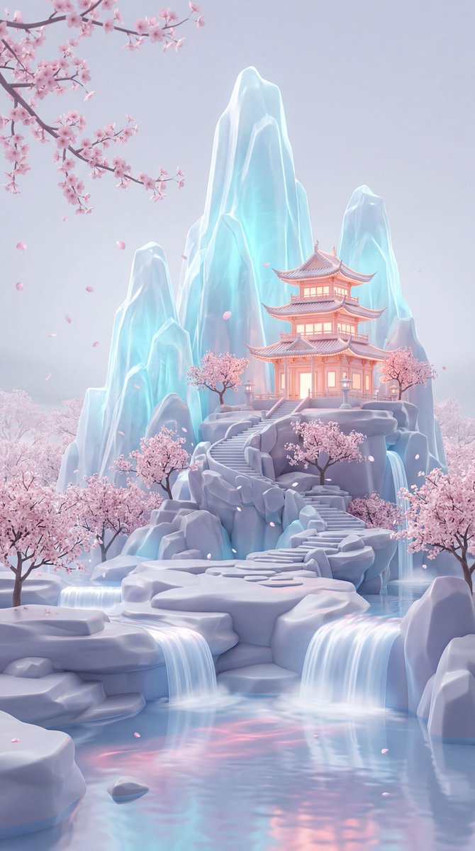 竖幅构图的梦幻粉彩奇幻风景,展示了一座发光的东亚宝塔式寺庙,坐落在一组高耸的水晶冰山半腰,被娇嫩的粉色樱花树和飘落的花瓣环绕。场景为宽幅环境镜…, 图片 1