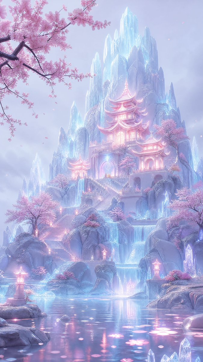 竖幅构图的梦幻粉彩奇幻风景,展示了一座发光的东亚宝塔式寺庙,坐落在一组高耸的水晶冰山半腰,被娇嫩的粉色樱花树和飘落的花瓣环绕。场景为宽幅环境镜…, 图片 2