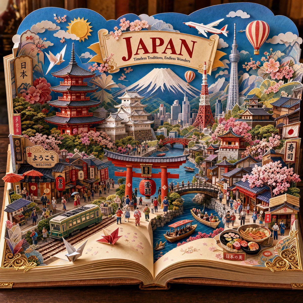 创作一幅超精细手工打造的 3D 立体书旅行插画，描绘 [DESTINATION]，呈现于一本精美翻开的复古书中。, 图片 3