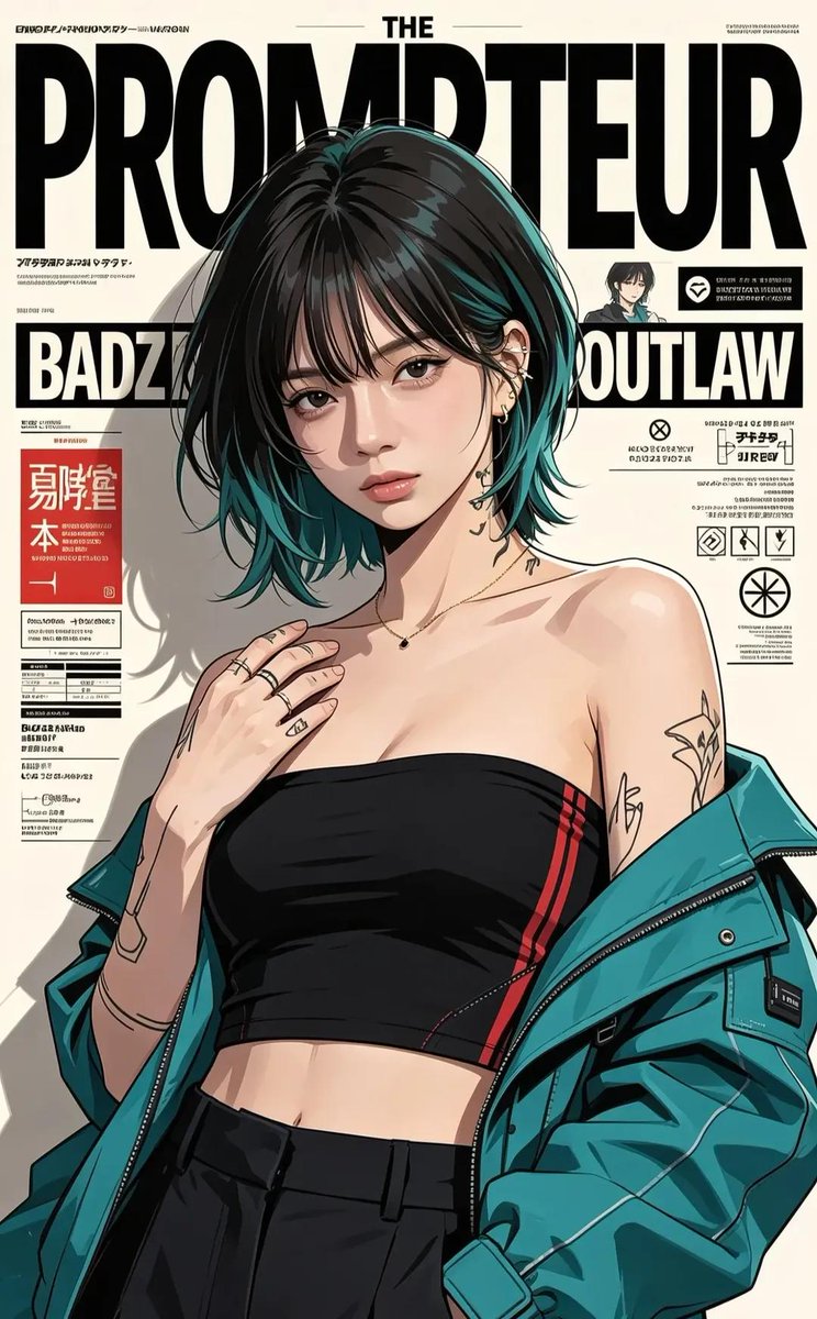 超精细动漫/编辑杂志封面插画,描绘一位时尚赛博朋克风格的年轻女性:短款层次黑色头发,点缀着鲜艳的青蓝色高光,柔和的刘海修饰脸庞,表情生动的棕色…, 图片 2