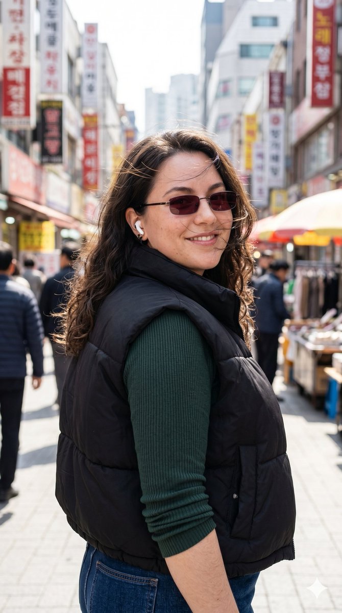 超写实都市街头时尚肖像,捕捉一位时尚年轻女性在繁忙的东亚商业街区中行走途中的瞬间。中近景构图,4:5竖版人像画幅,以略低于视平线的仰拍视角拍摄…, 图片 1