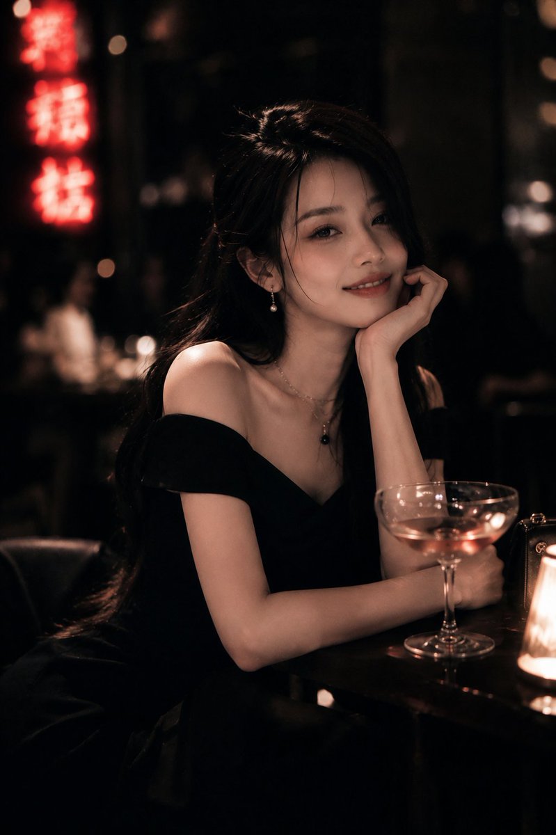 超写实电影感肖像,一位美丽的年轻女子,长长的黑发,身穿优雅的黑色露肩礼服,夜晚独自坐在灯光昏暗的豪华酒吧中,手持一杯鸡尾酒。柔和温暖的烛光,背…, 图片 2