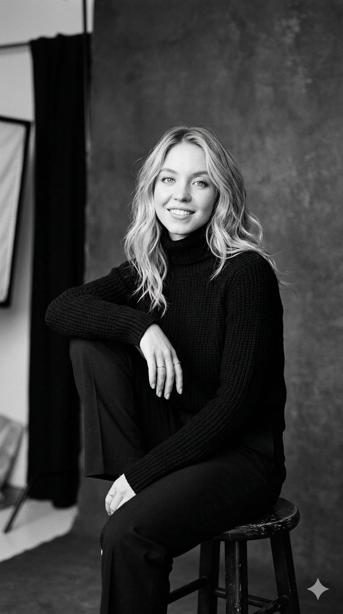 一张Sydney Sweeney(Sydney Sweeney)的黑白影棚竖版肖像照,以经典而优雅的姿态呈现。她坐在一张质朴的木质凳子上,身体…, 图片 1