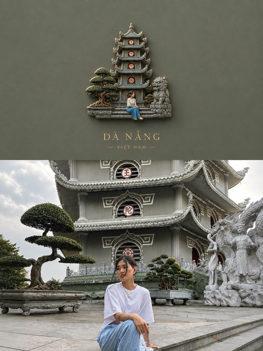 创建一个高级旅行海报,画面中一枚微型 3D 纪念徽章悬浮在干净的哑光背景上。徽章内部包含一个高度精细的微型立体场景,精准还原原始旅行照片的场景…, 图片 3
