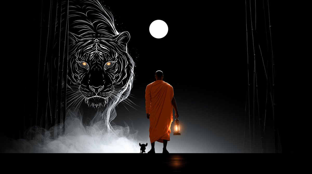 古老虎灵从竹林薄雾中浮现，琥珀色双眼闪烁发光，僧人手持灯笼平静伫立，月光洒落，神圣氛围 --chaos 30 --ar 16:9 --raw …, 图片 4