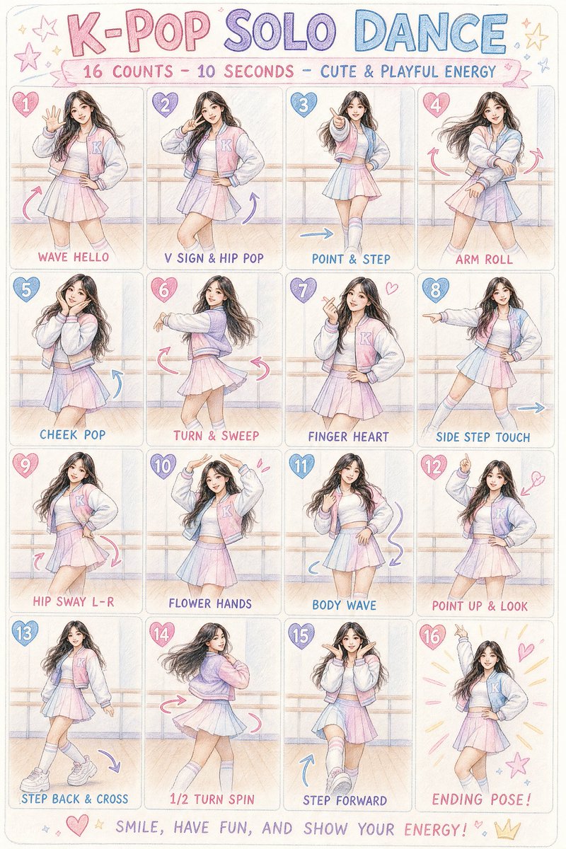 一张彩色铅笔素描风格的 K-pop 单人舞蹈编排动作表信息图。, 图片 1
