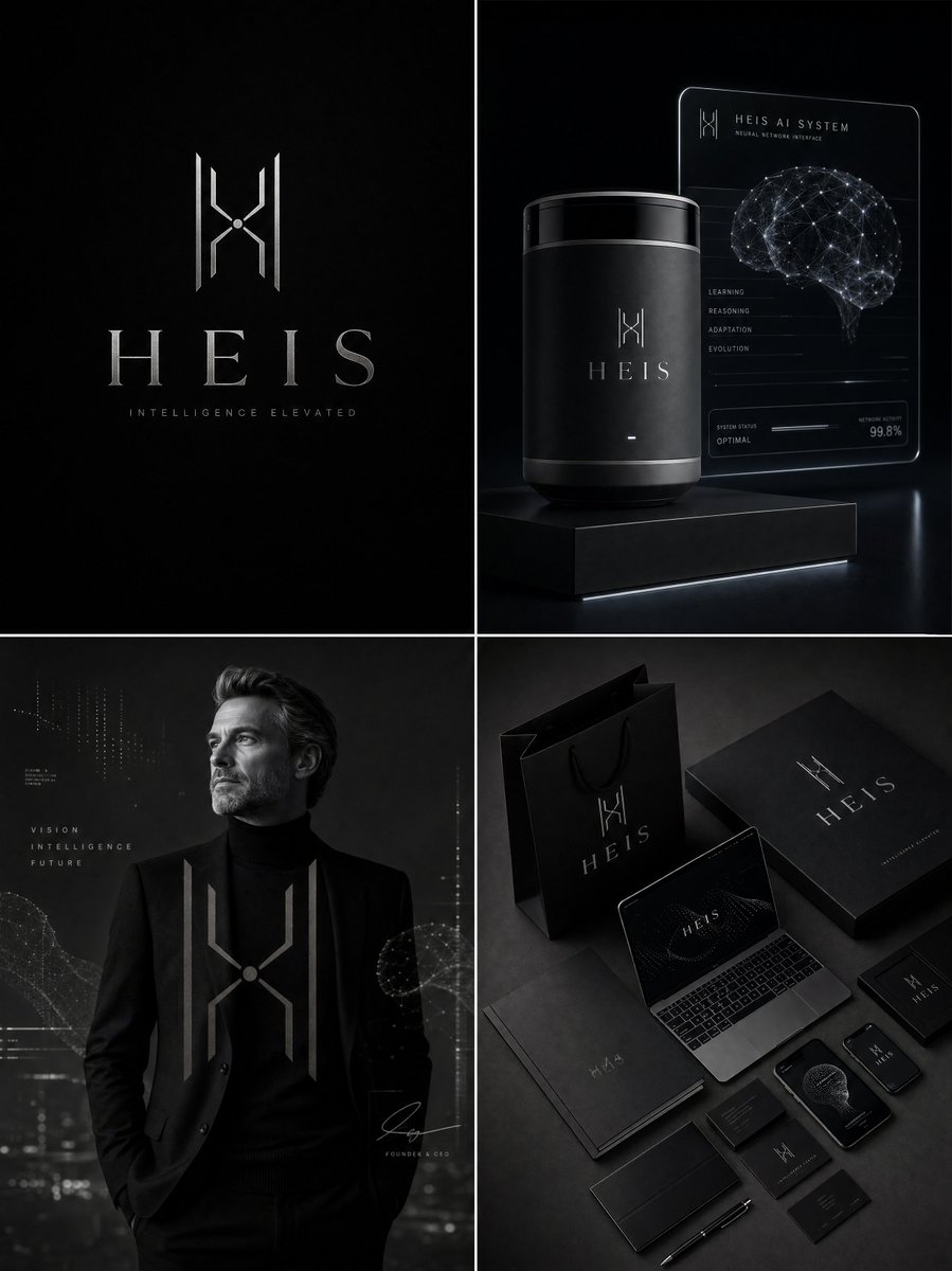 豪华 AI 品牌识别板,用于 "HEIS",超高端人工智能公司品牌设计,哑光黑与铂金银色调色板,精致极简风格,苹果级别的细节关注,未来感而永恒…, 图片 1