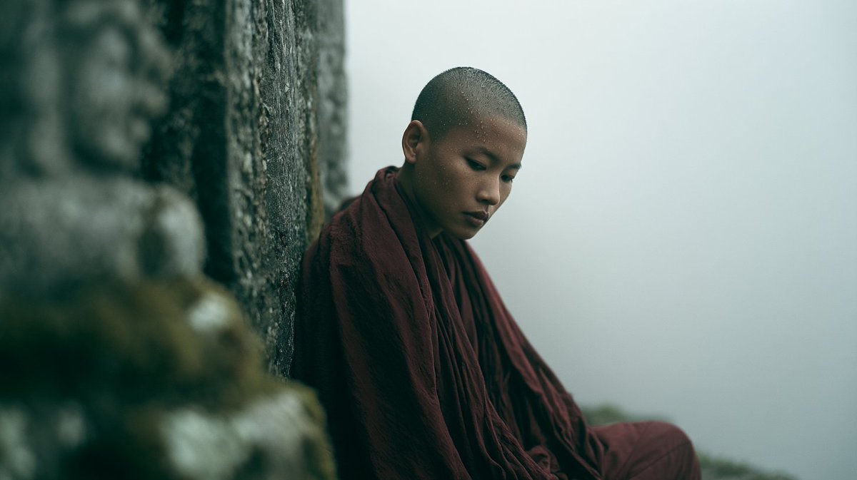 [主体] 坐在[岩石/表面细节]上，位于一个[户外地点]，被浓密的乳白色雾气完全吞没，以主体平视视角拍摄，使用[相机系统]和[焦距]镜头搭配[…, 图片 2