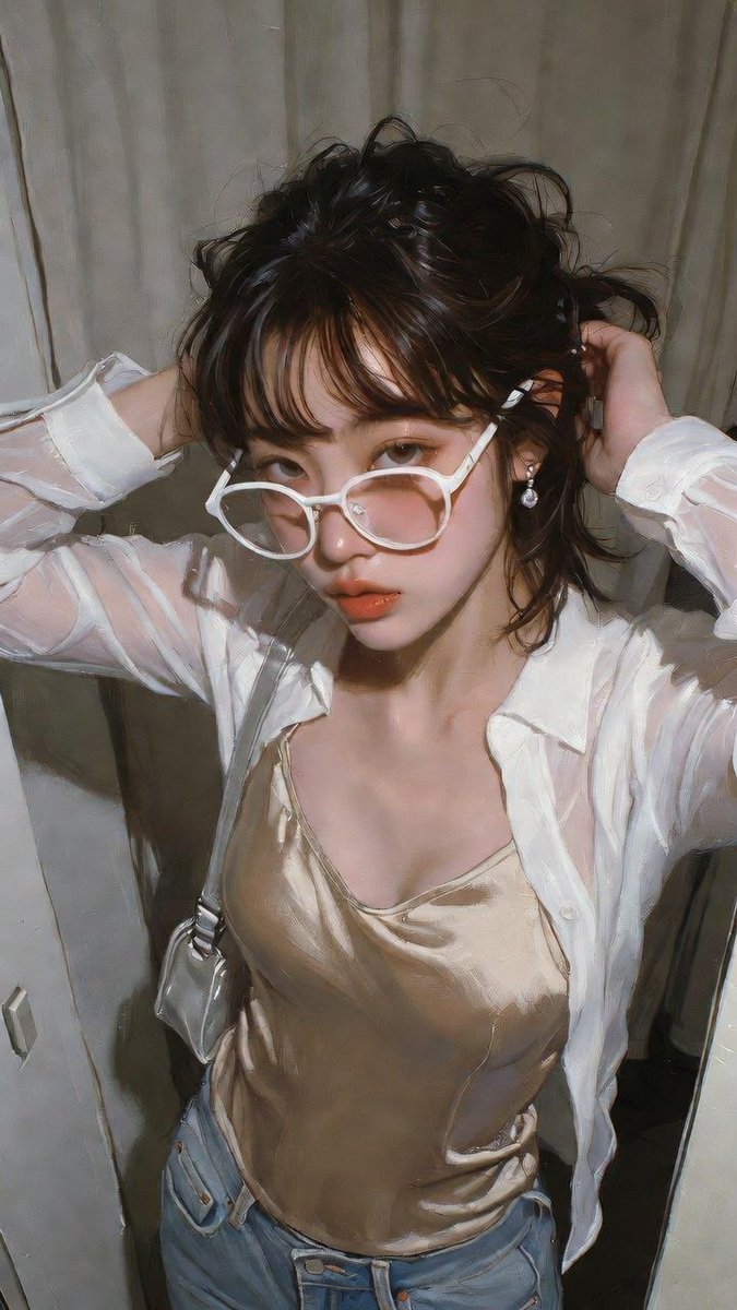 创作一张写实编辑风格的人像照片,画面中有一位20岁的日韩女性肖像主体,搭配白色镜框细框眼镜,正常佩戴于面部,镜片对齐眼睛位置,并佩戴小巧水滴形…, 图片 2