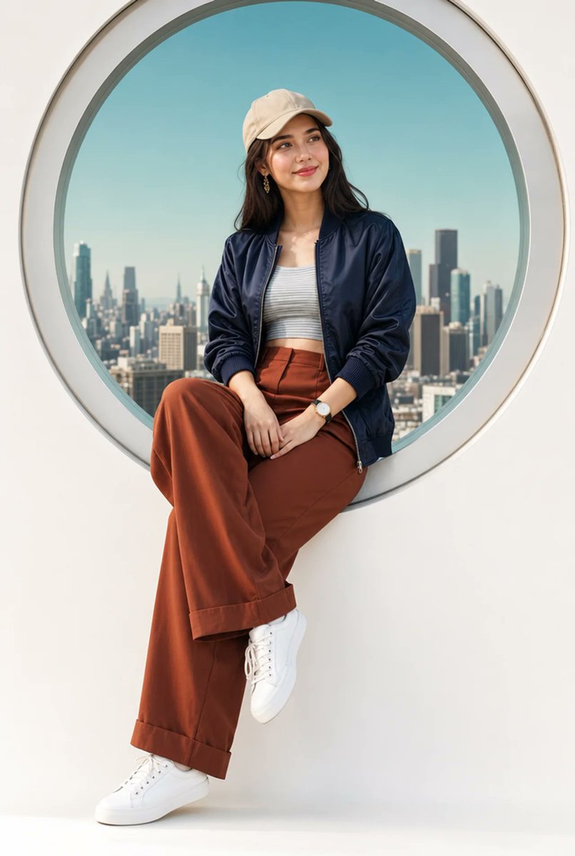 一位时尚年轻女性随意地坐在白色窗台上，身处一个带有柔和银色边框的大型圆形拱窗之中，背景中可见城市天际线，天空是清澈的青蓝色。她拥有温暖的橄榄色…, 图片 1