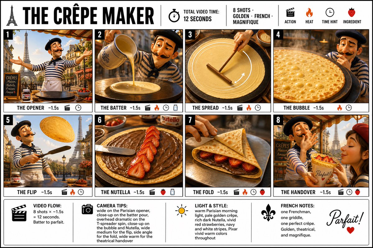 “为 THE CRÊPE MAKER(可丽饼师傅)制作一张清晰干净的信息图式分镜海报。宽幅 16:9 布局,白色背景,黑色边框,粗体黑色字体,…, 图片 1