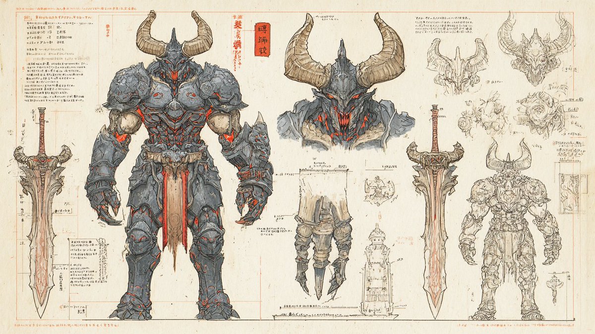 奇幻骑士角色设定图:贵族奇幻骑士身着华丽盔甲,全身姿态及剑、护手、头盔羽饰与侧脸特写,技术性赛璐璐上色,蓝图式构图,日文标注,远处中世纪山脉与…, 图片 2