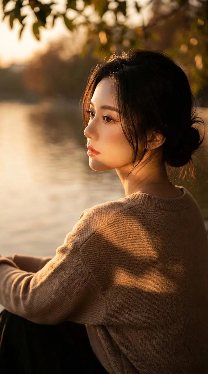 一幅超写实电影感人像摄影，描绘一位美丽的年轻女子在黄金时段的日落时分，宁静地坐在平静的湖边，以柔和的侧脸姿态定格。她拥有优雅精致的面部特征、焕…, 图片 1
