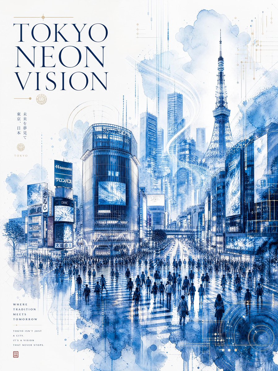 超精细水彩旅行海报，标题为“TOKYO NEON VISION（东京霓虹幻境）”，将未来主义城市建筑与优雅的日本传统美学相融合。东京标志性的涩…, 图片 1