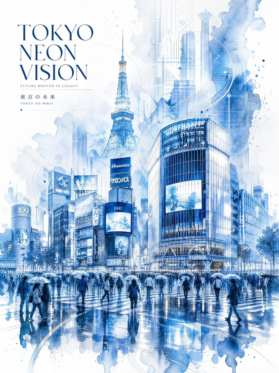 超精细水彩旅行海报，标题为“TOKYO NEON VISION（东京霓虹幻境）”，将未来主义城市建筑与优雅的日本传统美学相融合。东京标志性的涩…, 图片 2