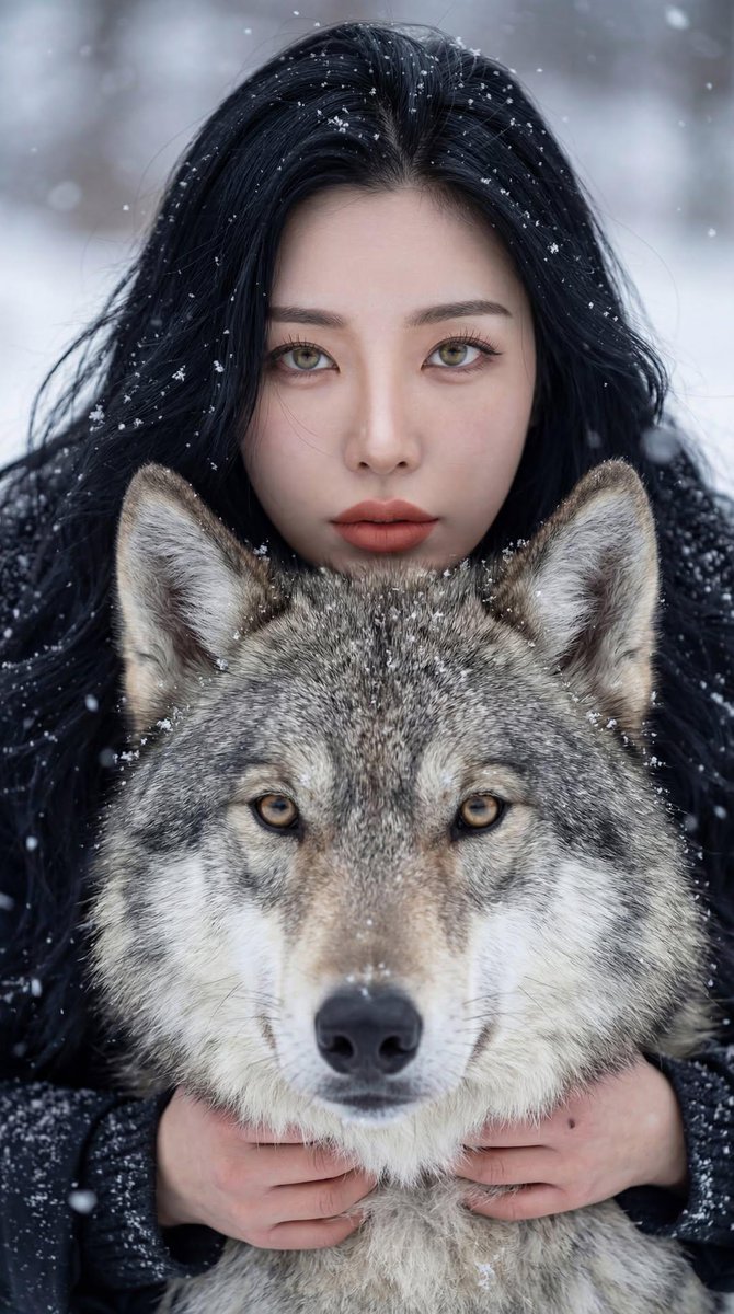 电影感的冬季肖像:一位年轻、肤色苍白的女性,长长的深色头发上沾着雪,她紧紧站在一只威严的灰狼身后。她身穿一件毛领厚重的冬季大衣,表情强烈、平静…, 图片 2