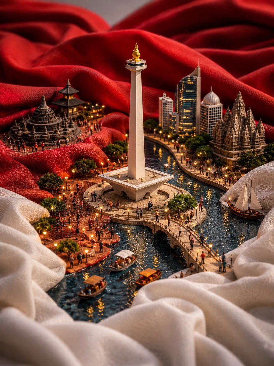 超精细微缩立体场景:中国被嵌入一面巨大流动的中国国旗的褶皱之中,以电影级移轴倾斜摄影风格拍摄。鲜红的天蚕丝织物构成连绵起伏的山丘与河谷,巨大金…, 图片 1