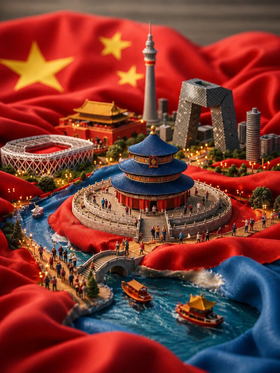 超精细微缩立体场景:中国被嵌入一面巨大流动的中国国旗的褶皱之中,以电影级移轴倾斜摄影风格拍摄。鲜红的天蚕丝织物构成连绵起伏的山丘与河谷,巨大金…, 图片 2
