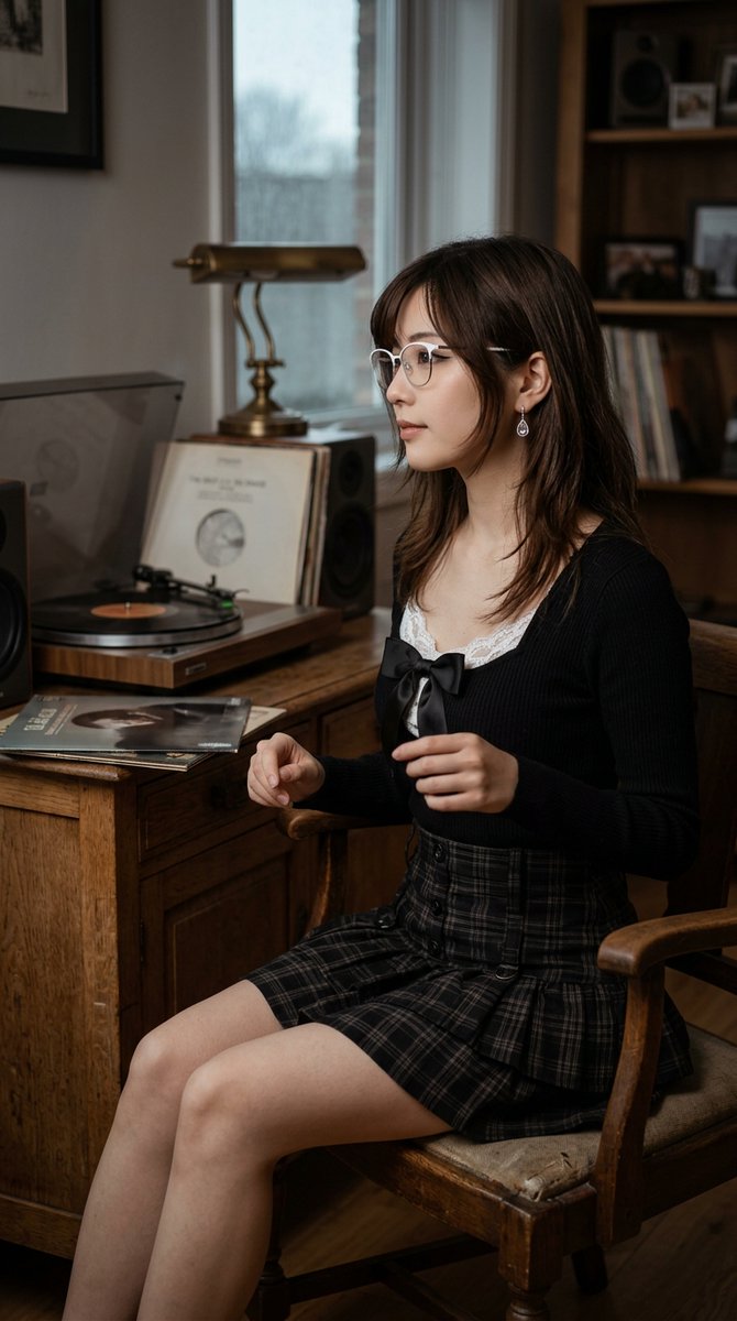 创作一张超写实编辑风格的人像照片,主角为一位20岁的日韩女性:白色细框眼镜,正常佩戴于面部,镜片对齐双眼;佩戴小巧水滴形宝石耳钉,精致低调的微…, 图片 4