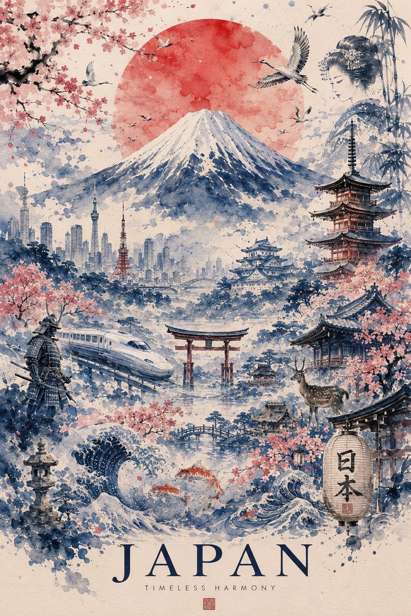 超精细的水彩旅行海报，画的是日本，采用精致的传统日本水墨画（sumi-e）风格，配以柔和的粉彩色调和带有肌理感的手工纸张。一座雄伟的雪顶富士山…, 图片 1
